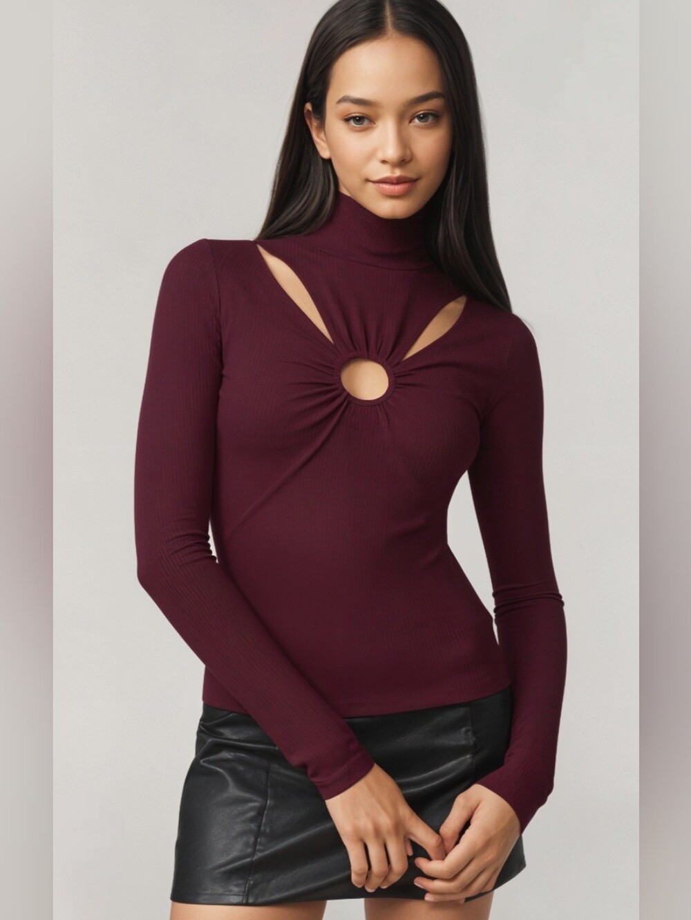 NWT VENUS Bugundy Wine Mock Neck Cut-Out Top